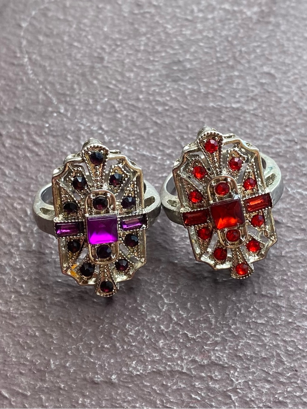2 Ring Bundle Chunky Statement Tibetan Silver Rings / CZ Stones Size 9